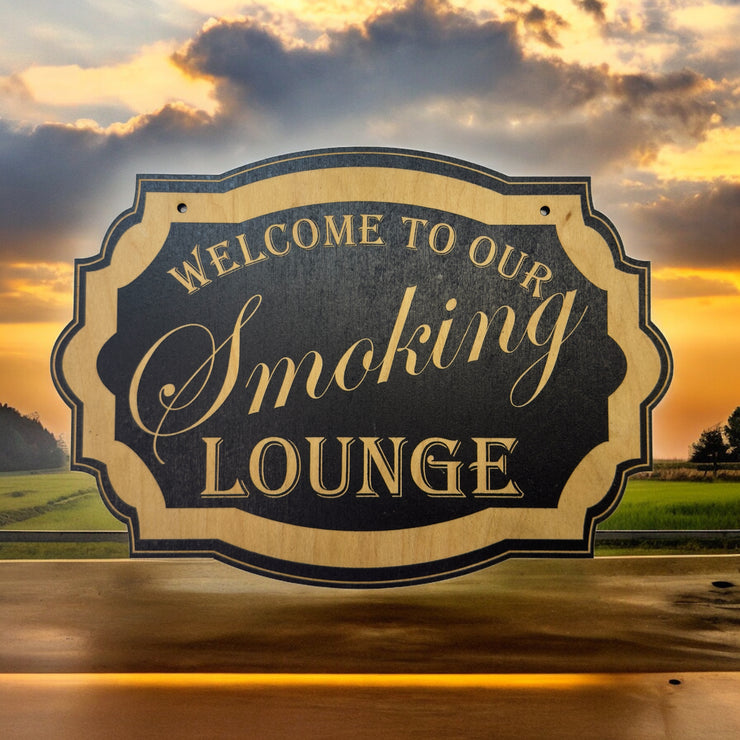 Welcome to Our Smoking Lounge - Black Door Sign 7x9.5in