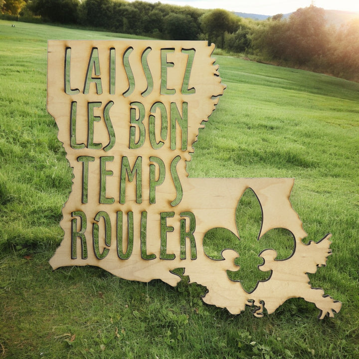 HipFlaskPlus Laissez les Bon Temps Rouler Louisiana maple wood cutout sign on grass