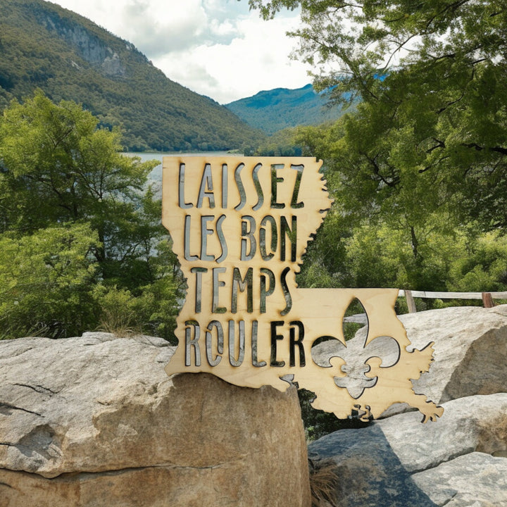 HipFlaskPlus Laissez les Bon Temps Rouler Louisiana maple wood cutout sign by a creek