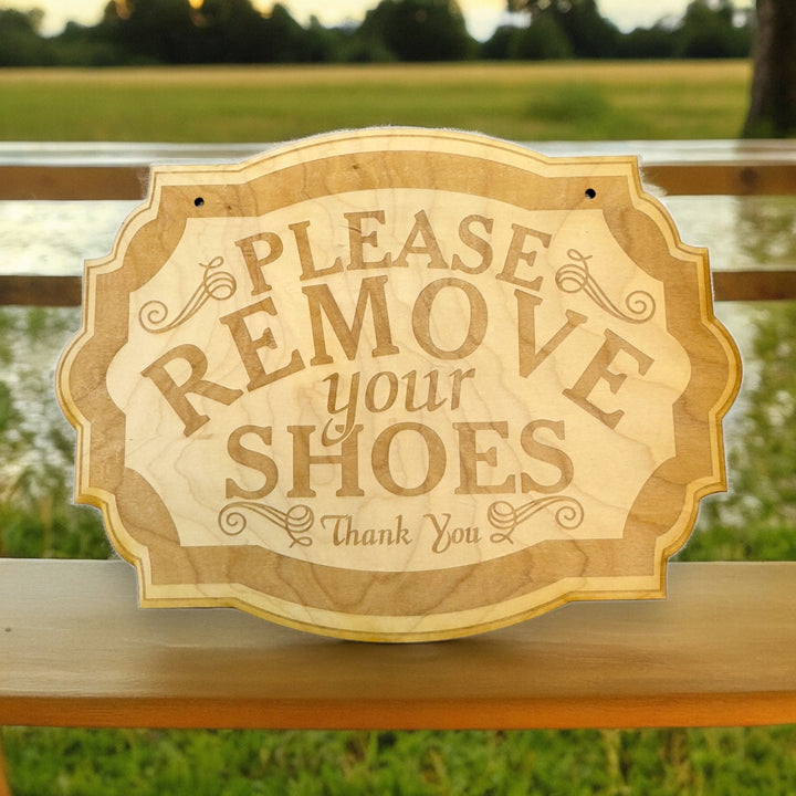 HipFlaskPlus Please Remove Your Shoes raw wood door sign on a fence