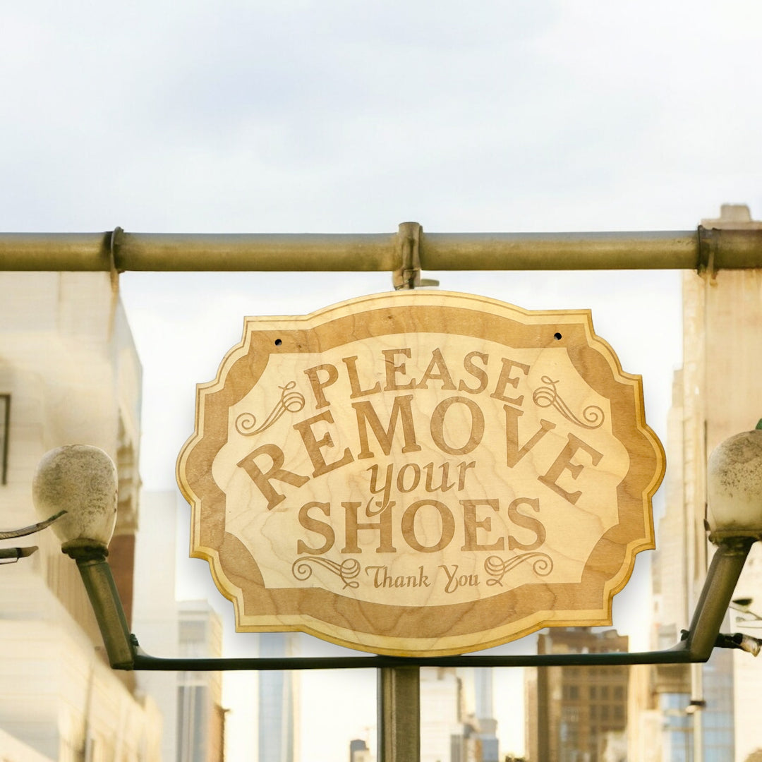 HipFlaskPlus Please Remove Your Shoes raw wood door sign hanging outdoors