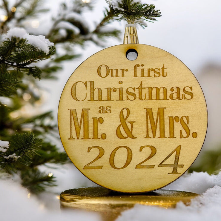 Ornament - 2024 Our First Christmas as Mr and Mrs - Raw Wood 3x3in