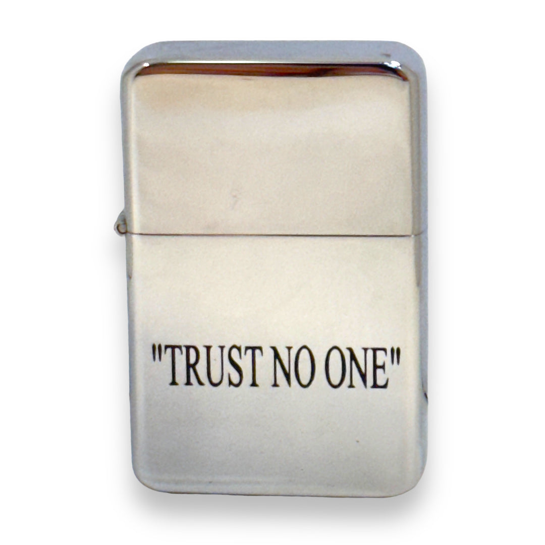 HipFlaskPlus Trust No One chrome lighter, close-up