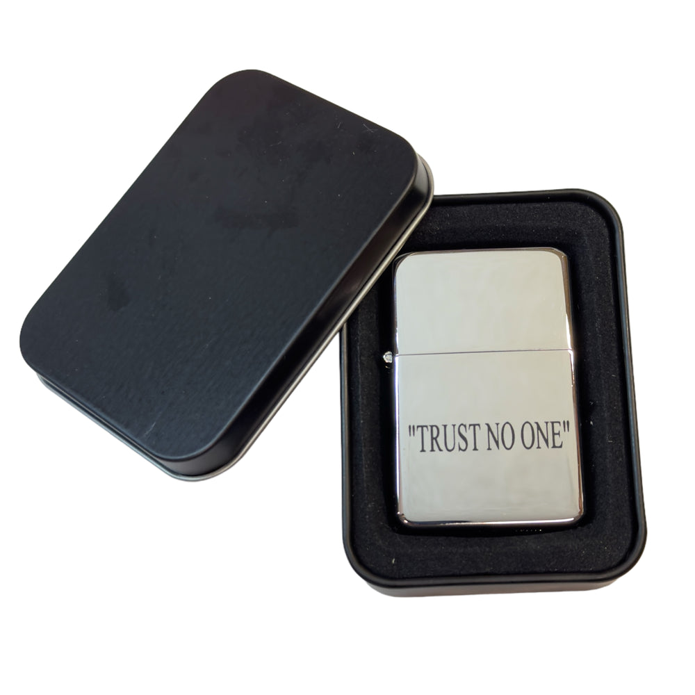 HipFlaskPlus Trust No One chrome lighter in an open black gift tin