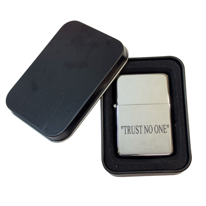 HipFlaskPlus Trust No One chrome lighter in an open black gift tin