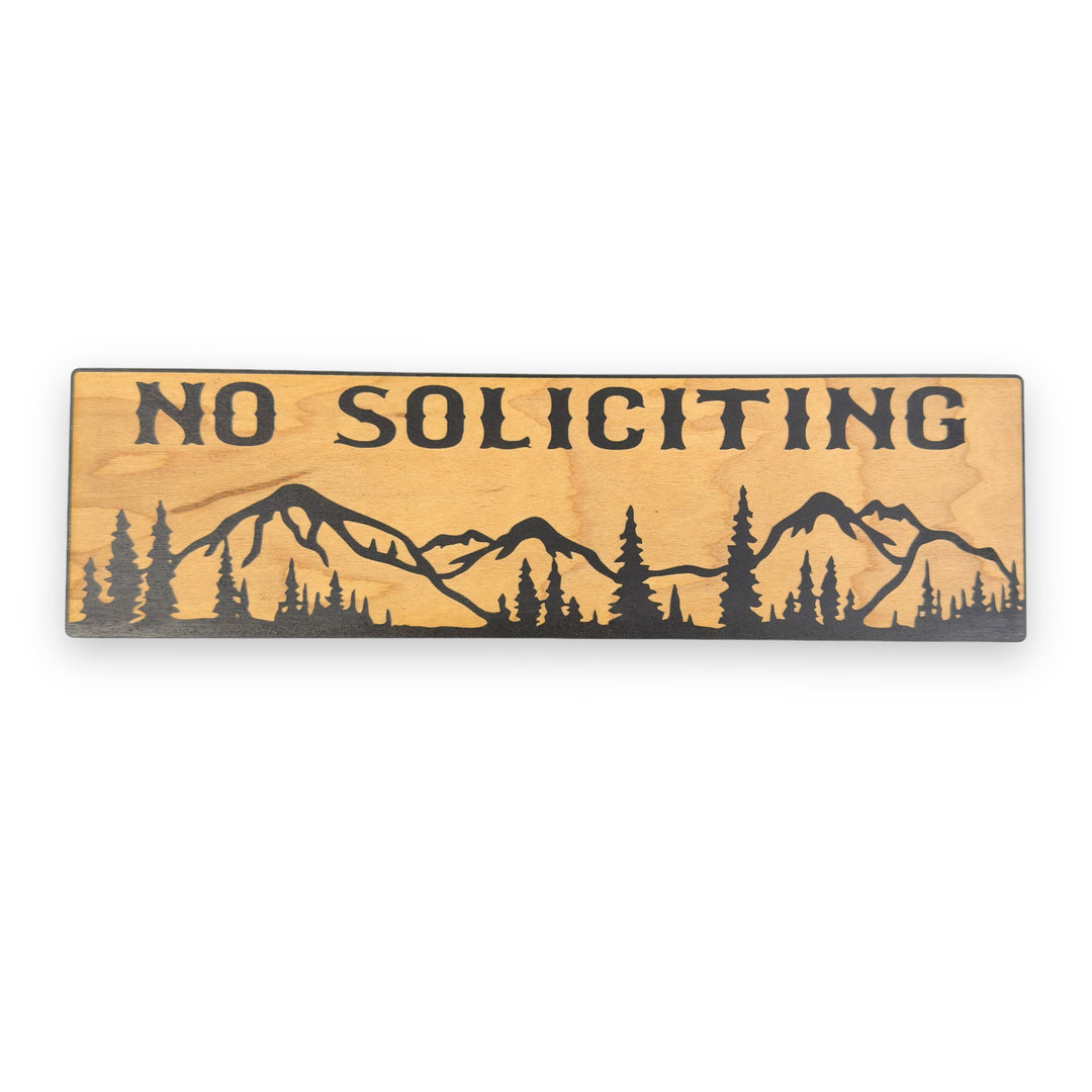 HipFlaskPlus No Soliciting mountain scene black and natural wood sign