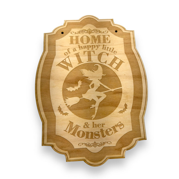 Home of a Happy Little Witch - Raw Wood Halloween Door Sign 7x9