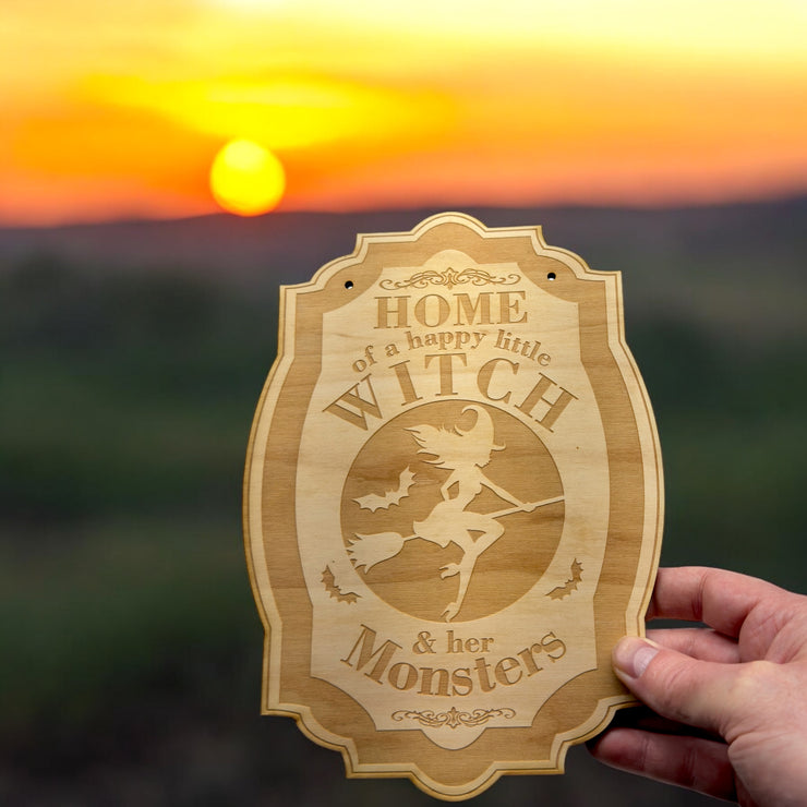 Home of a Happy Little Witch - Raw Wood Halloween Door Sign 7x9
