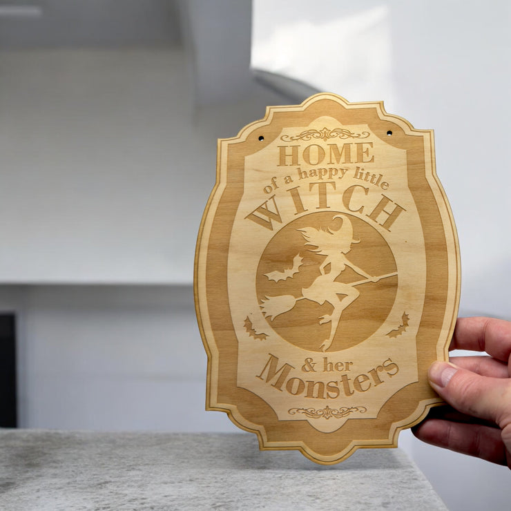 Home of a Happy Little Witch - Raw Wood Halloween Door Sign 7x9