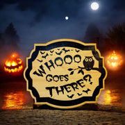 Whooo Goes There Owl - Black Halloween Door Sign 10x8