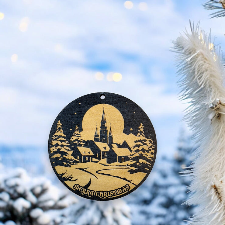Ornament - Black - Merry Christmas Winter Scene