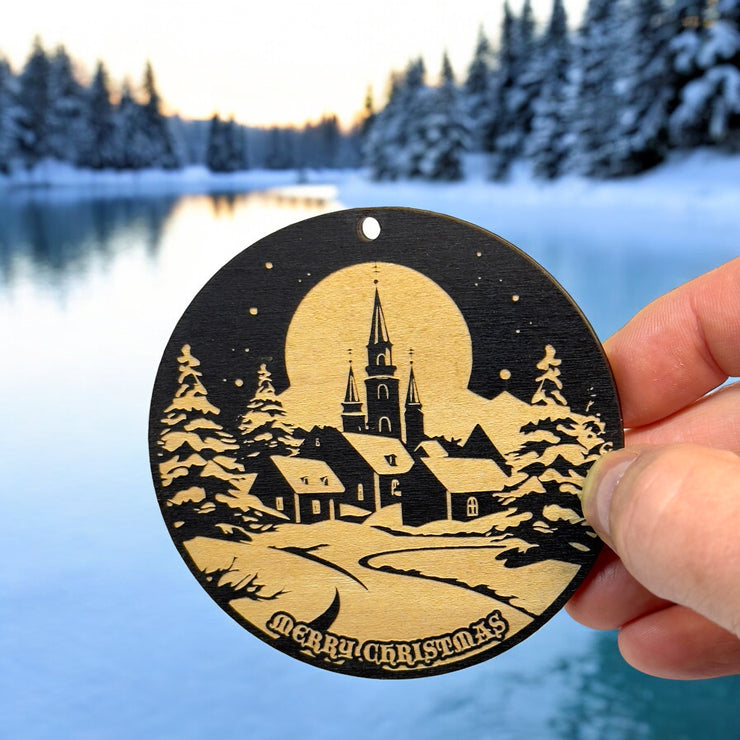 Ornament - Black - Merry Christmas Winter Scene
