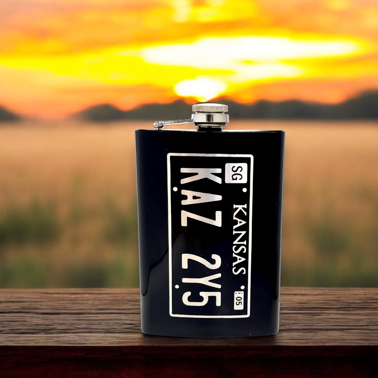 8oz BLACK Kansas License Plate Flask