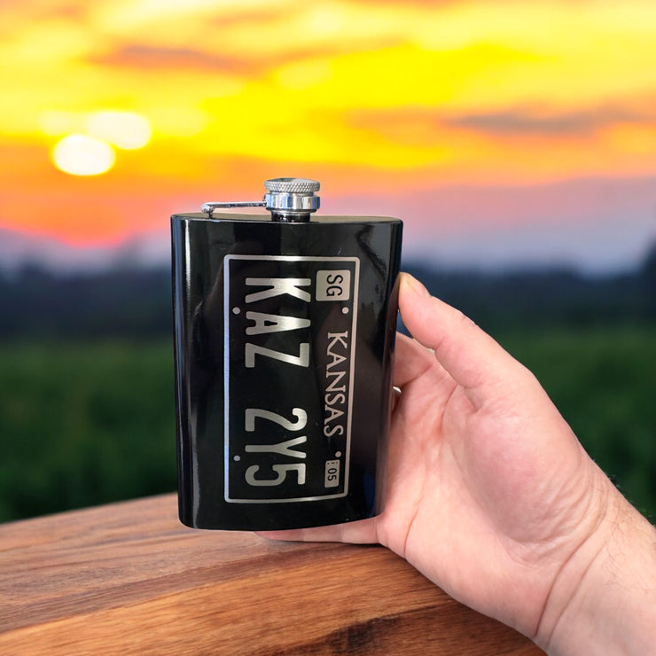 8oz BLACK Kansas License Plate Flask