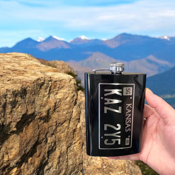 8oz BLACK Kansas License Plate Flask