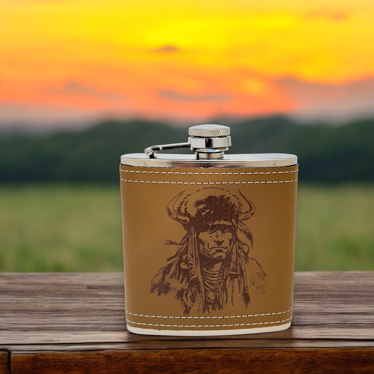 6oz Native Warrior Leather Flask