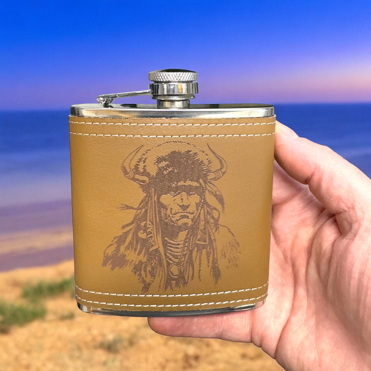 6oz Native Warrior Leather Flask