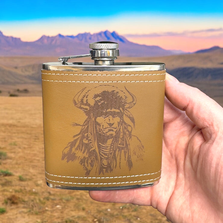 6oz Native Warrior Leather Flask