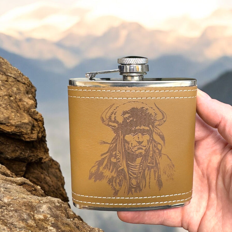 6oz Native Warrior Leather Flask