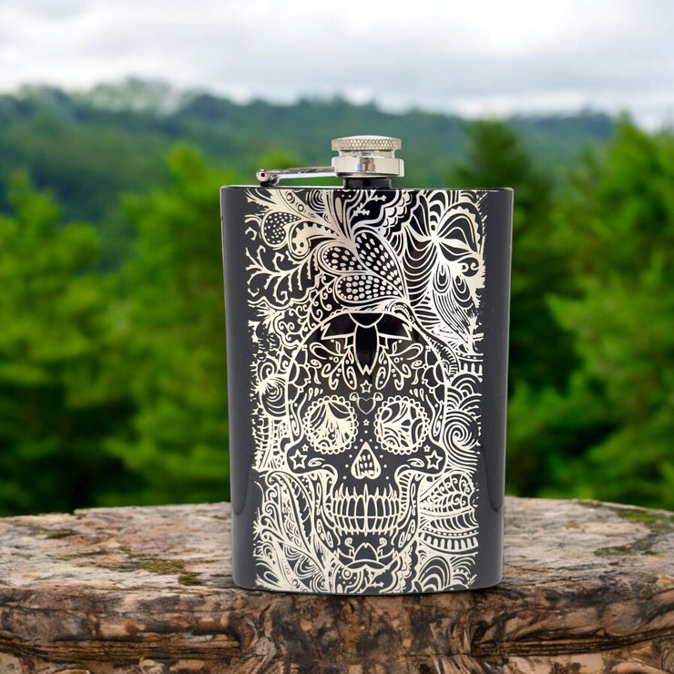 8oz BLACK Sugar Skull Pattern Flask
