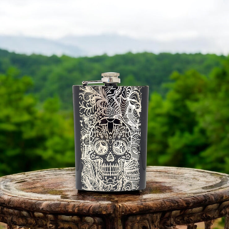 8oz BLACK Sugar Skull Pattern Flask