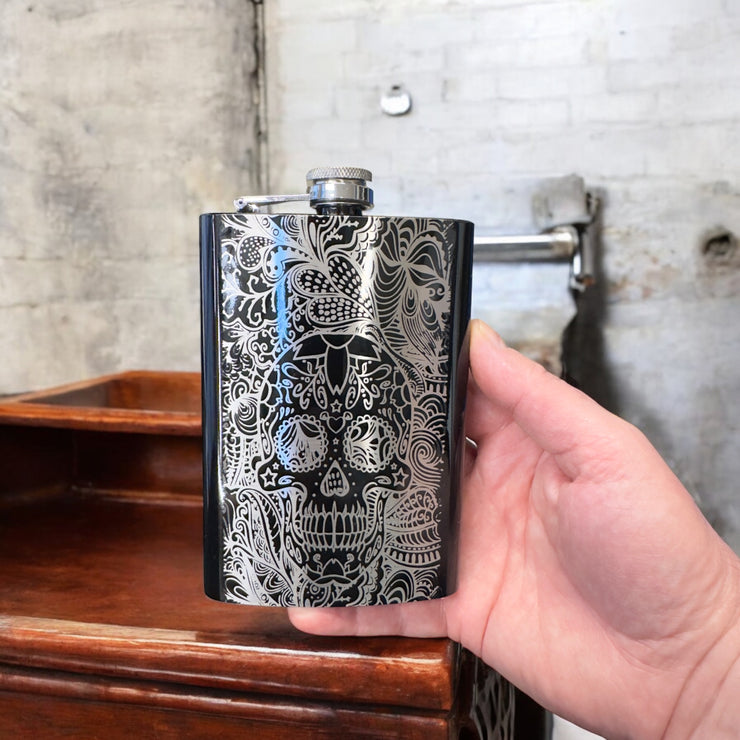 8oz BLACK Sugar Skull Pattern Flask