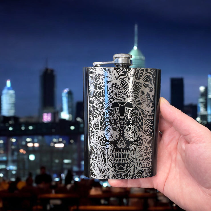 8oz BLACK Sugar Skull Pattern Flask