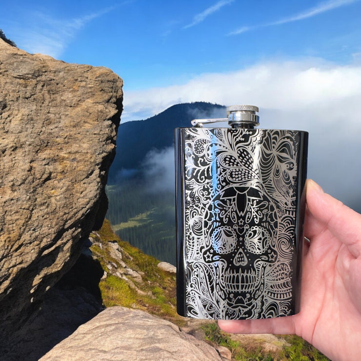 8oz BLACK Sugar Skull Pattern Flask