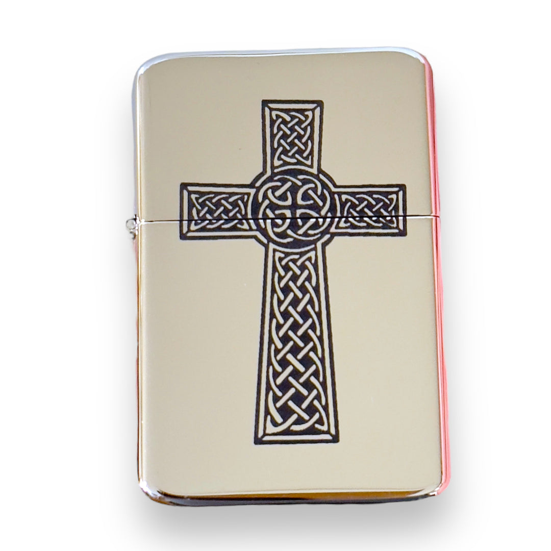 HipFlaskPlus Celtic knot cross chrome lighter, close-up