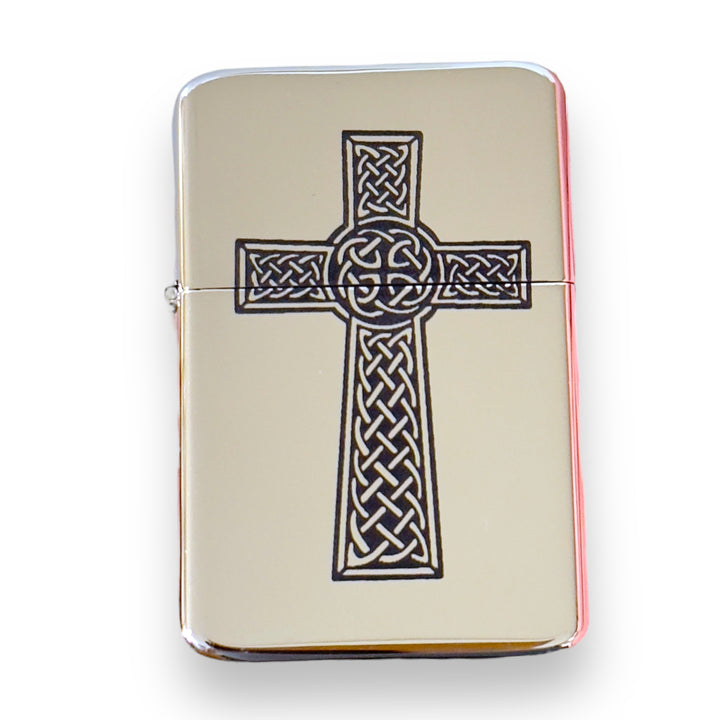 HipFlaskPlus Celtic knot cross chrome lighter, close-up