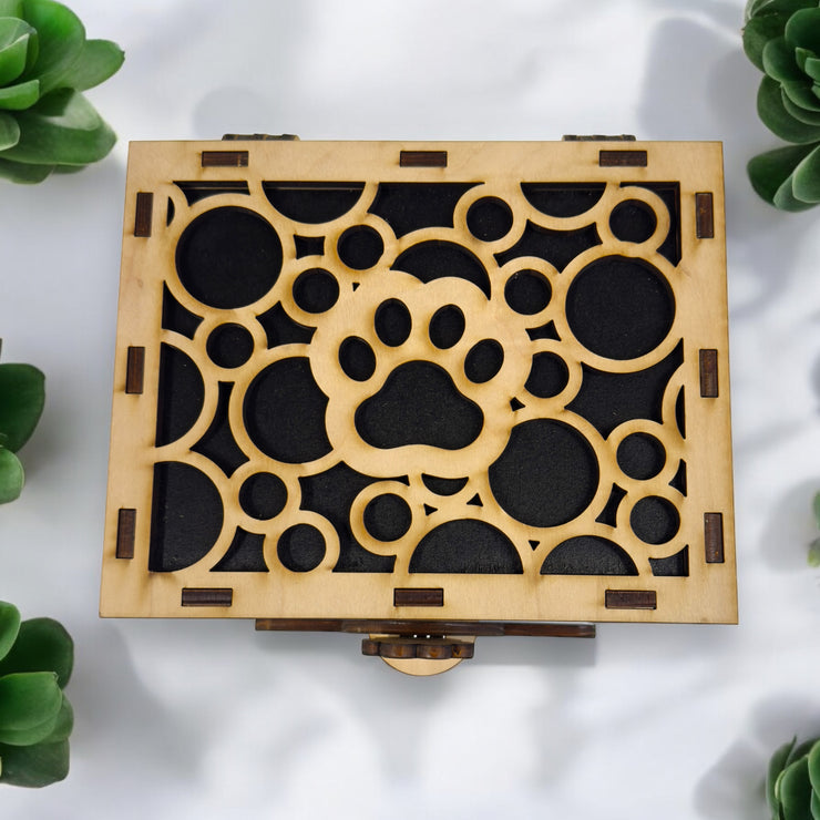 Paw Print Hinged Lid Pet Urn - 8x7x5 Inches - Wood - up to 120lb Pet