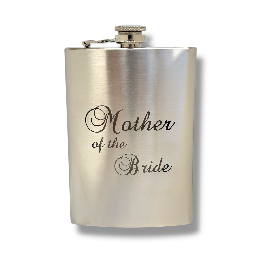HipFlaskPlus 8oz stainless steel hip flask engraved with Mother of the Bride