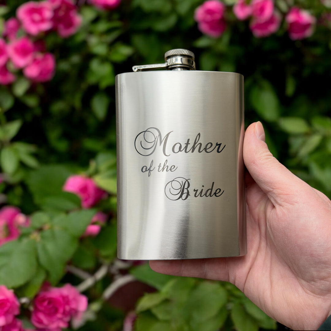 HipFlaskPlus 8oz stainless steel hip flask engraved with Mother of the Bride by roses
