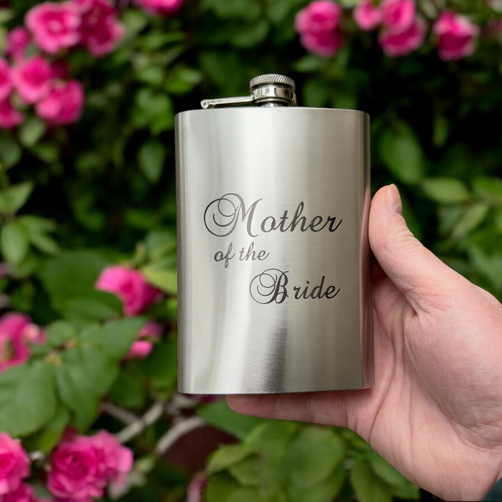 HipFlaskPlus 8oz stainless steel hip flask engraved with Mother of the Bride by roses