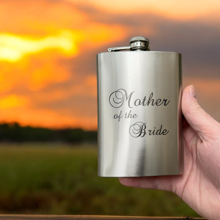 HipFlaskPlus 8oz stainless steel hip flask engraved with Mother of the Bride at sunset