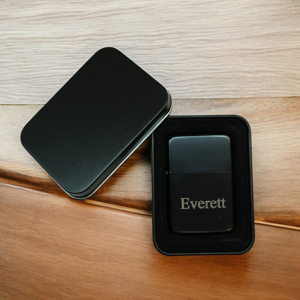 HipFlaskPlus personalized black Everett lighter in an open black gift tin