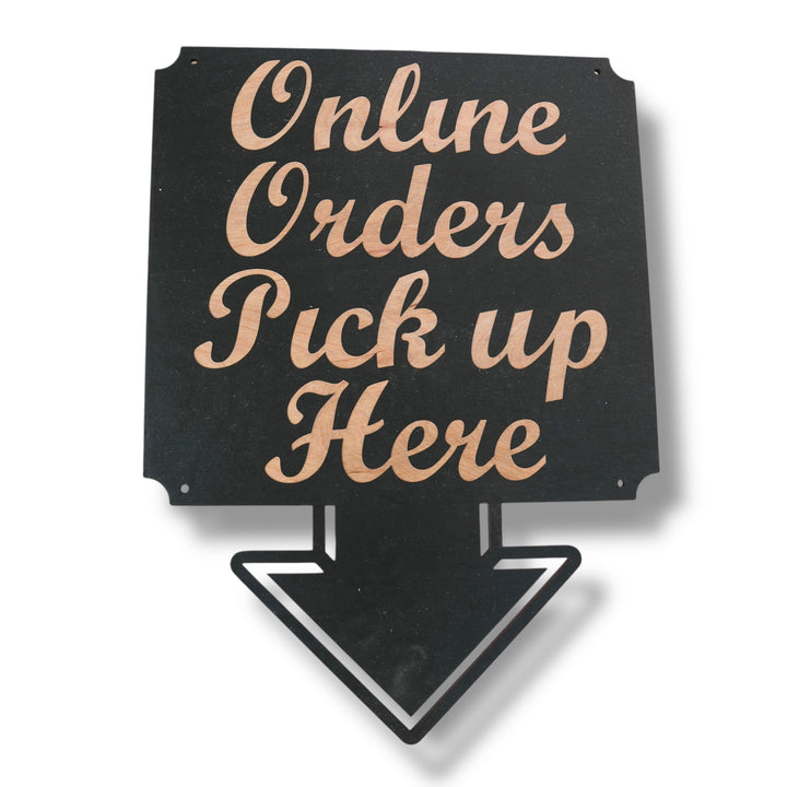 HipFlaskPlus Online Orders Pick Up Here black wood arrow sign