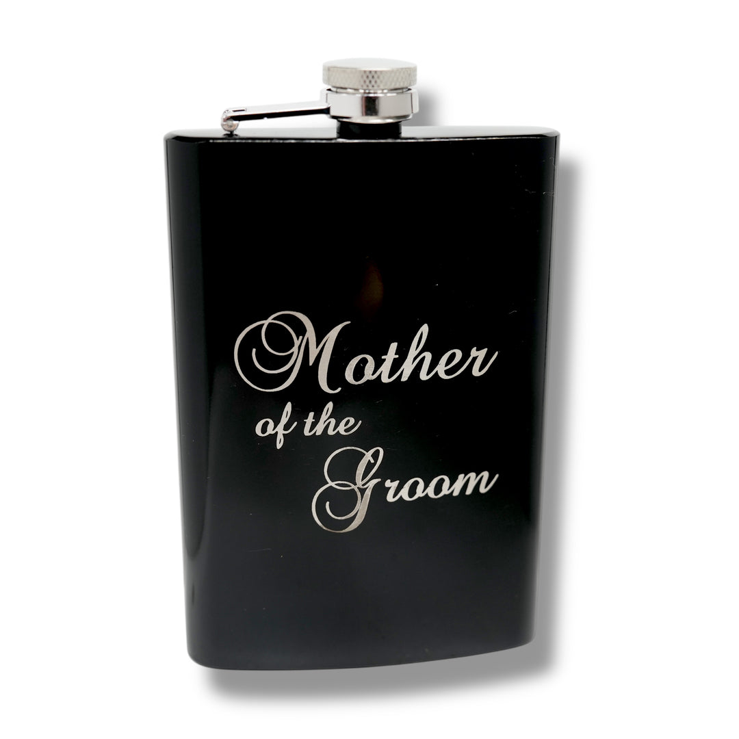 HipFlaskPlus 8oz black stainless steel hip flask engraved with Mother of the Groom