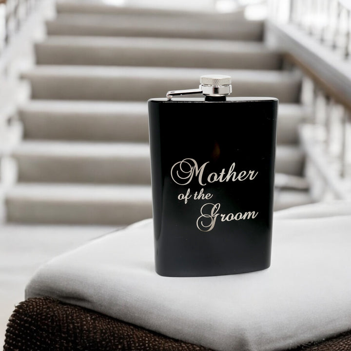HipFlaskPlus 8oz black stainless steel hip flask engraved with Mother of the Groom on stairs