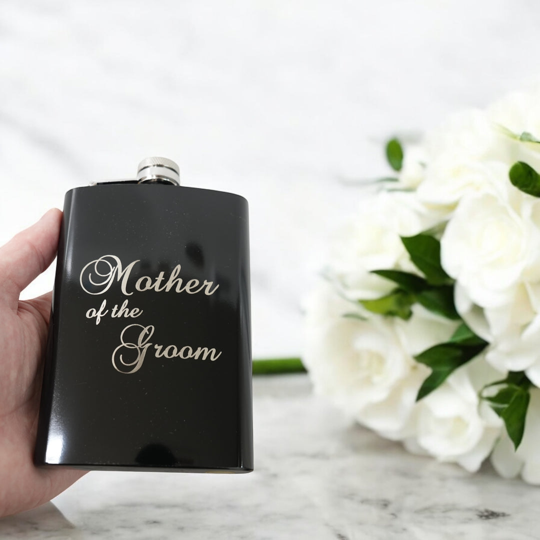 HipFlaskPlus 8oz black stainless steel hip flask engraved with Mother of the Groom with white flowers