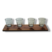 4 Horsemen of the Apocalypse - set Flight Board with 4ea Rocks Glasses, shot glasses, Rawhide keychains, Cedar Coasters