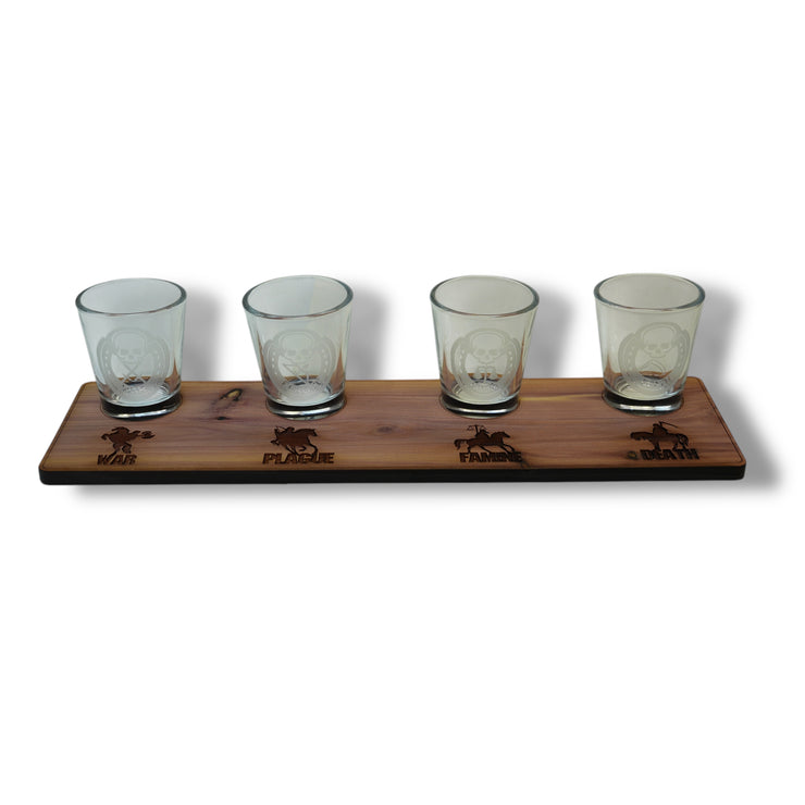 4 Horsemen of the Apocalypse - set Flight Board with 4ea Rocks Glasses, shot glasses, Rawhide keychains, Cedar Coasters