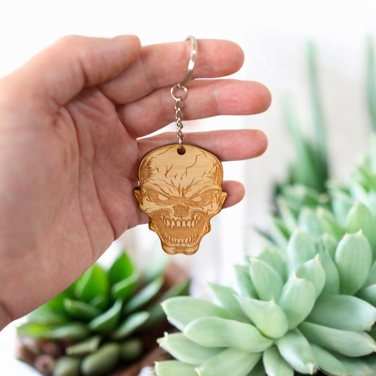 Keychain - Angry Skull - Birch wood