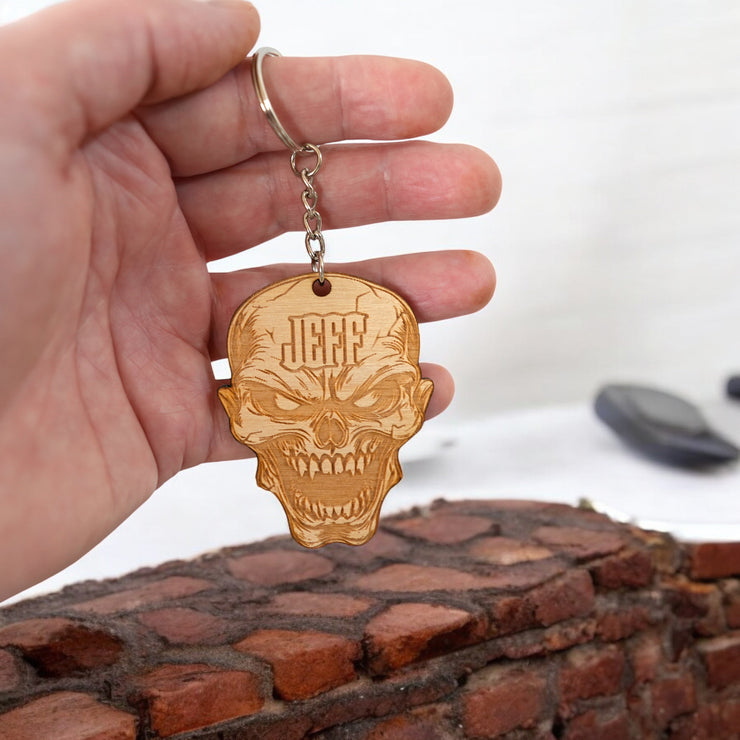 Keychain - PERSONALIZED Angry Skull - Birch wood