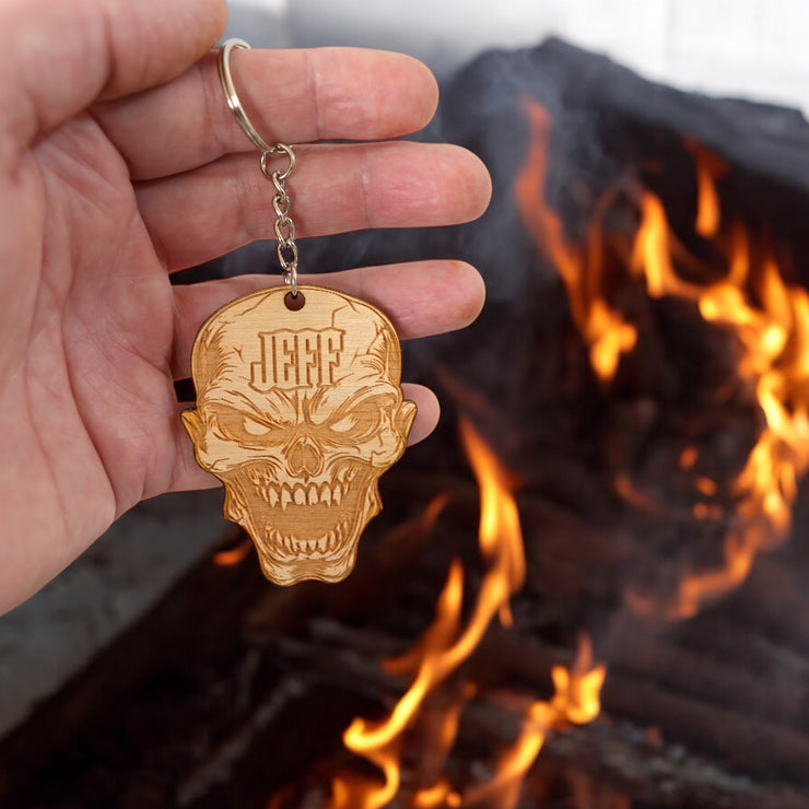 Keychain - PERSONALIZED Angry Skull - Birch wood