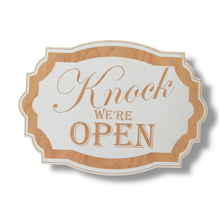 Sign - White - Knock We're Open - 7x10in