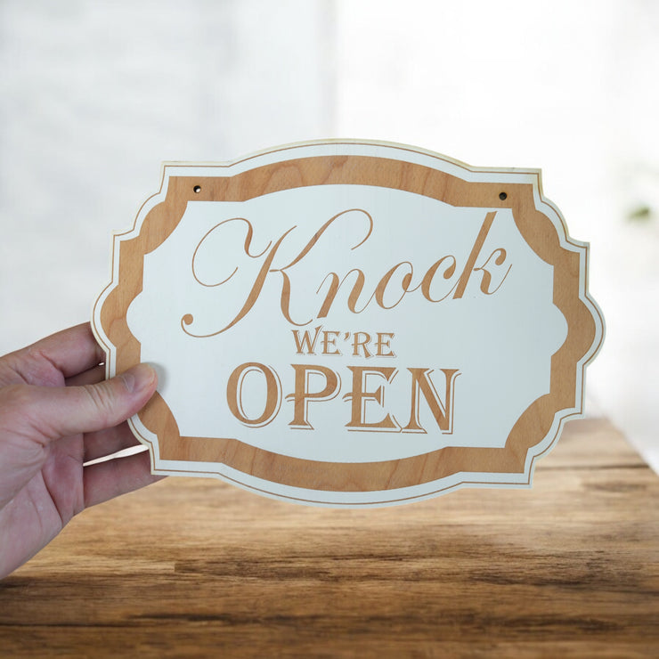 Sign - White - Knock We're Open - 7x10in