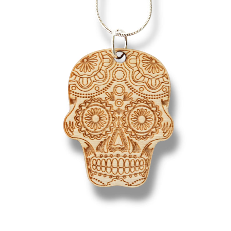 Necklace - Sugar Skull - Snake and Cable Link chains - Birch wood
