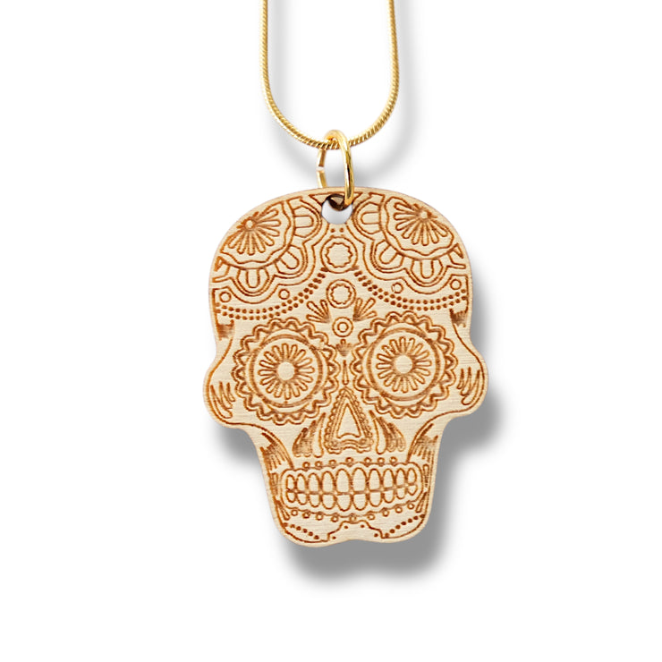 Necklace - Sugar Skull - Snake and Cable Link chains - Birch wood