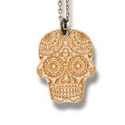 Necklace - Sugar Skull - Snake and Cable Link chains - Birch wood